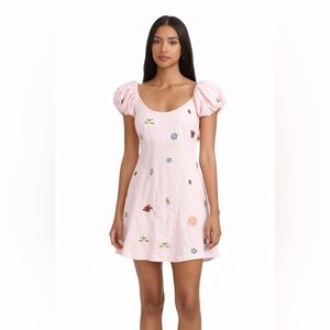 Fanm Mon Embroidered Linen Puff Sleeve Mini Dress Pink Open Back Large NWT